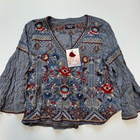Johnny Was Tops - Johnny Was Embroidered Floral Chambray Swing Top S NWT Bell Sleeves $225